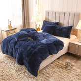 8 Pcs Soft Fluffy Fur Navy Blue Bed Sheet Set (Quilt, Pillow & Cushion Covers)